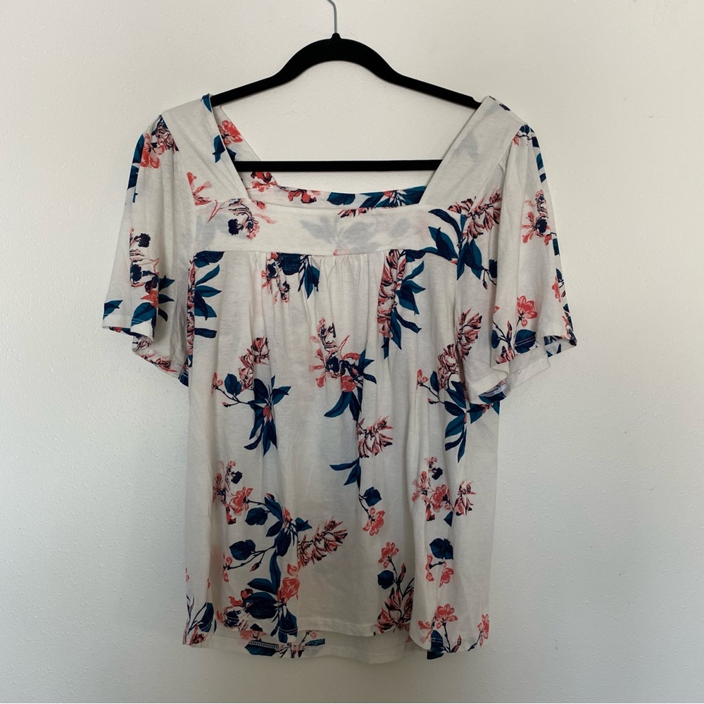 Lucky Brand White Floral Short Sleeve Tee with Blue and Pink Print